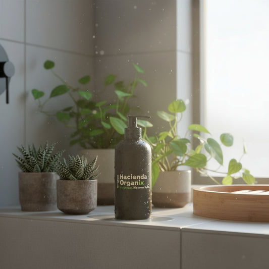 Bottle of Hacienda Organix on a windowsill with soft lighting